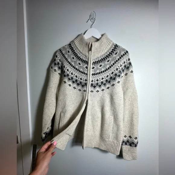 NWT L.L. Bean Fair Isle Classic Rag Wool Grandmacore Zip Cardigan Size Large - Picture 12 of 16